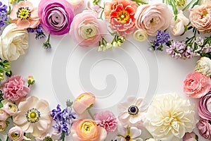 Spring ranunculus flowers. Floral frame from pastel blooms on white background