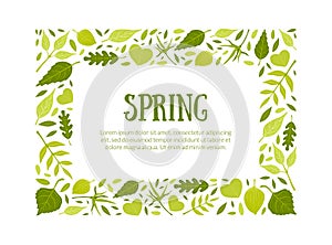 Spring Rectangular Frame, Green Leaves Border Template with Space for Text Vector Illustration