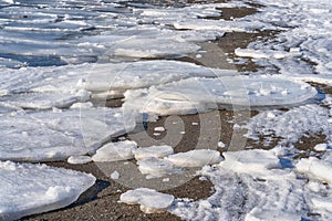 Spring. River bank with pieces of ice.