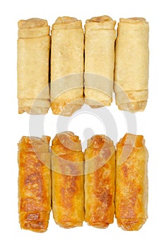 Spring rolls, from above, isolated on white background