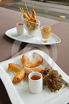 Spring rolls and chicken satay plates