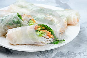 Spring rolls close up. A healthy dish with vegetables and shrimps