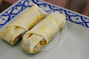 Spring rolls before deep frying on plate