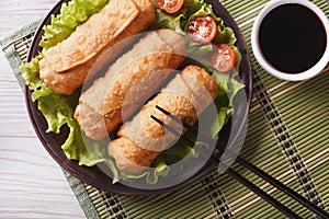 Spring rolls fried on lettuce close-up, horizontal top view