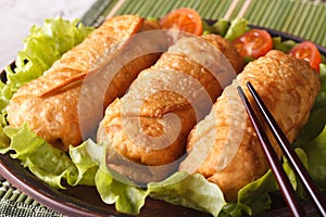 Spring rolls fried on a plate with lettuce and tomatoes