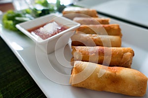 Spring rolls with shrimp with sweet chili sauce. Asian cuisine.