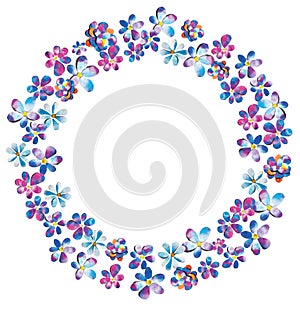 Spring romantic blue pink purple watercolor painted paper-cut flowers border frame ring ornament illustration. Good for