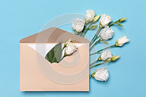 Spring romantic concept. Flat lay branch of flower lisantius or eustoma of white color in an envelope for mail, postcard