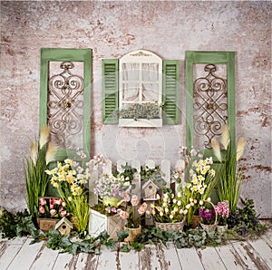 Spring Romantic decorations with greenery and yellow flowers, romantic mood