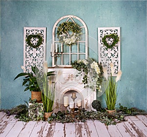 Spring Romantic decorations, old window  with greenery and white flowers