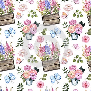 Spring romantic seamless pattern in shabby chic country style. Floral bouquet in rustic wood box, flowers and butterflies