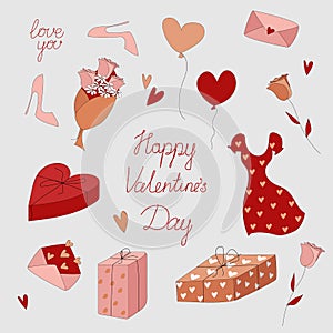 Spring romantic set of doodle flat red, bronze and pink elements for valentine\'s day.