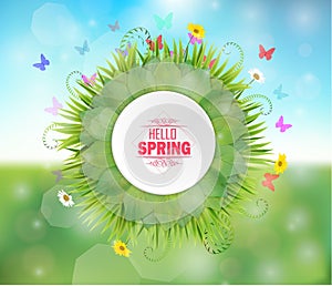 Spring round frame on bokeh background