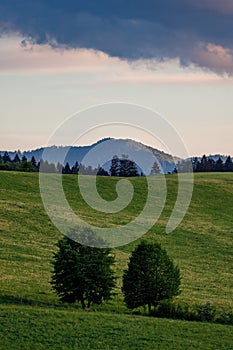 Spring rural landscape with dramatic sky at sunset