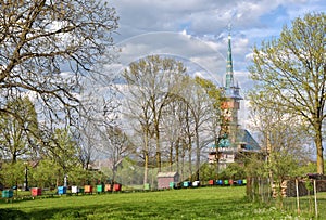Spring rural landscape with traditional maramures neo-gothic church in Sapanta village, Romania