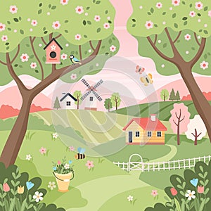 Spring rural landscape with trees, fields, houses and windmill. Easter background, countryside landscape. Vector