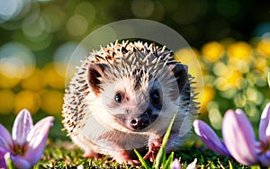 Spring\'s Darling Hedgehog Among Flowers
