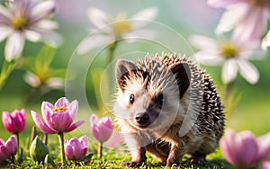 Spring\'s Darling Hedgehog Among Flowers