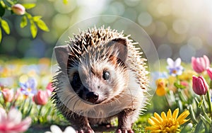 Spring\'s Darling Hedgehog Among Flowers