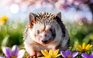 Spring\'s Darling Hedgehog Among Flowers