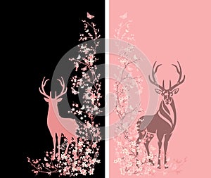 Spring sakura flower branches and standing wild deer stag vector background set
