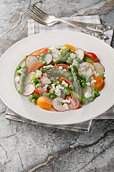 Spring salad of asparagus, radishes, cherry tomatoes, green peas and goat cheese close-up in a plate. Vertical