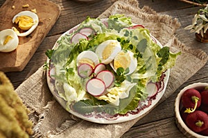 Spring salad with eggs and wild edible plants - chickweed, nipplewort and yarrow