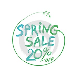 Spring Sale 20% off hand drawn inscription round symbol.