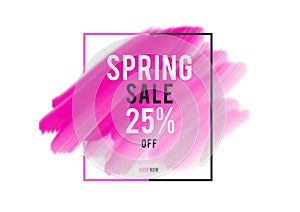 Spring Sale 25% off; Sale banner, pink watercolor art brush stroke with frame, Grunge circle, icon design, Hand drawn design eleme