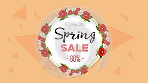 Spring sale background banner with colorful flowers. 60 percent Off. Vector illustration.