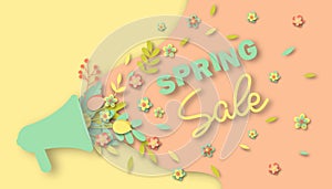 Spring Sale background banner with flowers, herbs and leaves in paper art style