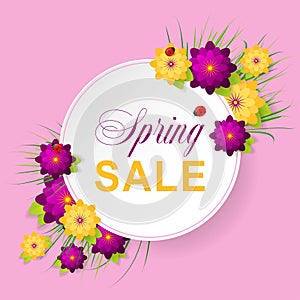 Spring sale background with beautiful flowers. Ladybug. Vector i