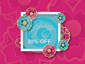 Spring sale background with colorful flower. Pink blue layout template. Card, banner, flyer, poster, brochure or voucher discount