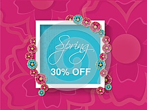 Spring sale background with colorful flower. Pink blue layout template. Card, banner, flyer, poster, brochure or voucher discount