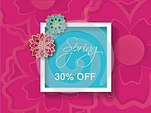 Spring sale background with colorful flower. Pink blue layout template. Card, banner, flyer, poster, brochure or voucher discount