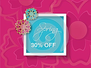 Spring sale background with colorful flower. Pink blue layout template. Card, banner, flyer, poster, brochure or voucher discount