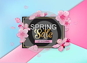 Spring sale background with flowers. Season discount banner design with cherry blossoms and petals.