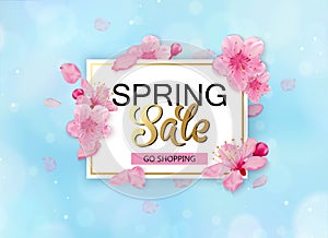 Spring sale background with flowers. Season discount banner design with cherry blossoms and petals.