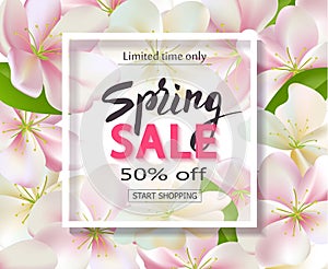 Spring sale background with flowers. Season discount banner design with cherry blossoms and petals.