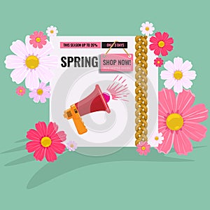 Spring sale background with flowers. Season discount banner design with cherry blossoms and petals