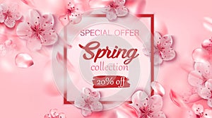 Spring sale background with pink cherry blossoms flowers.