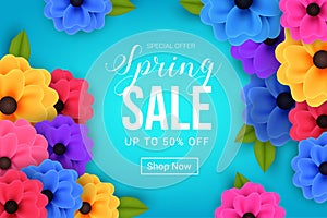 spring sale banner with abstract flower graphic design on blue background vector