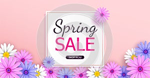 Spring Sale Banner background with beautiful colorful flowers are blooming