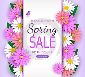 Spring Sale Banner background with beautiful colorful flowers are blooming