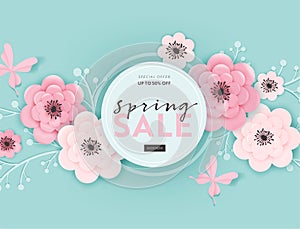 Spring Sale Banner Background with Paper Cut Flowers and Floral Elements. Spring Discount Voucher Template, Brochure, Poster