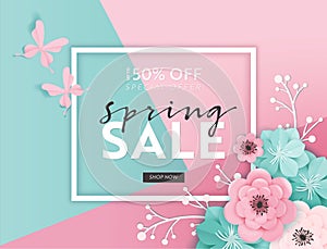 Spring Sale Banner Background with Paper Cut Flowers. Spring Discount Voucher Template, Brochure, Poster, Advertising