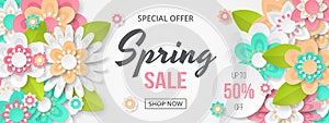 Spring sale banner with beautiful colorful flower. photo