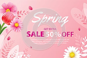 Spring sale banner with blooming flowers background template. Design for advertising, flyers, posters, brochure, invitation,