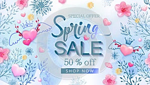 Spring sale banner with cherry blossoms, flowers