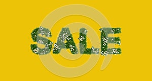 Spring sale banner concept, letters made of grass and daisies, Amber yellow background, mock-up, isolated